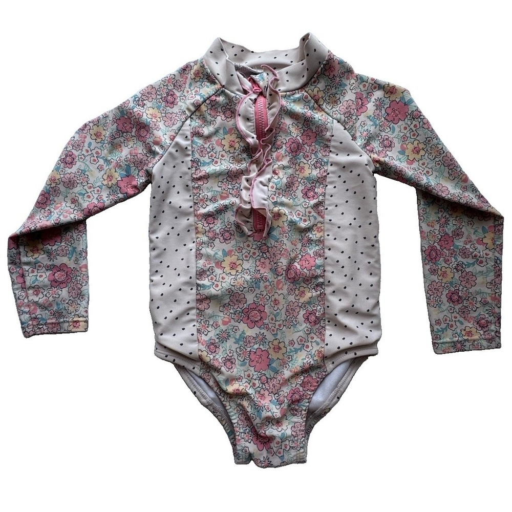 Jessica Simpson Floral Long Sleeve One Piece Swimsuit In Pink And Cream, Size 2T